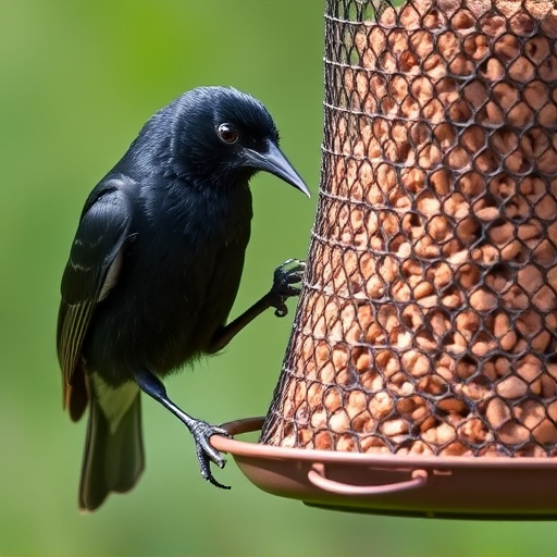 Blackbird pecking from mesh ground feeder