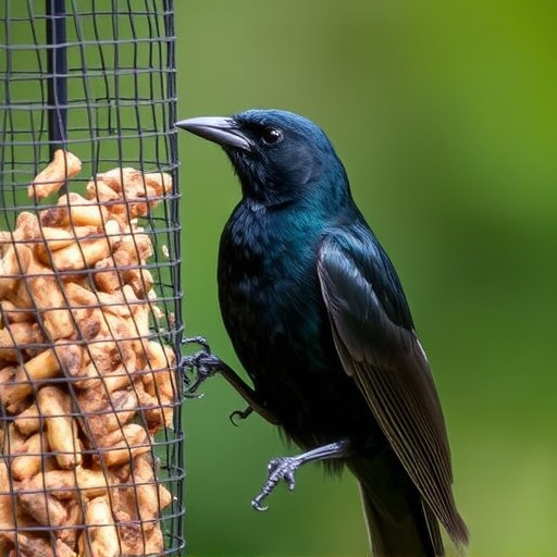 Blackbird pecking from mesh ground feeder