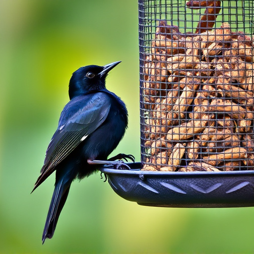 Blackbird pecking from mesh ground feeder