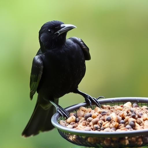 Blackbird pecking from mesh ground feeder