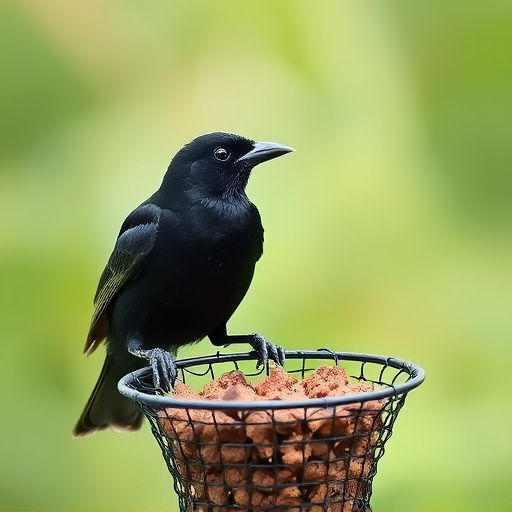 Blackbird pecking from mesh ground feeder