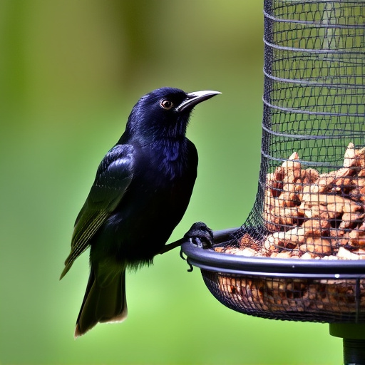 Blackbird pecking from mesh ground feeder