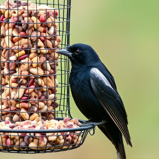 Blackbird pecking from mesh ground feeder