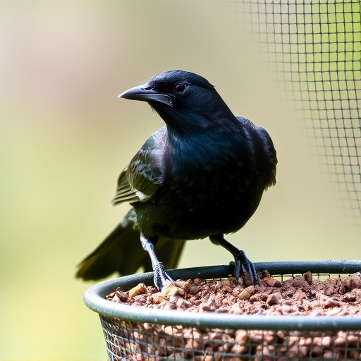 Blackbird pecking from mesh ground feeder