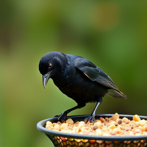 Blackbird pecking from mesh ground feeder