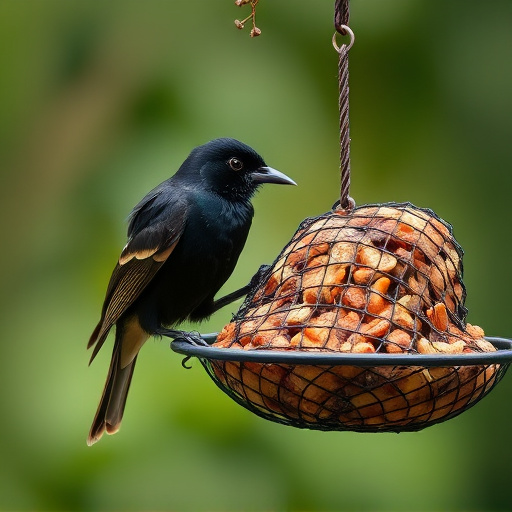 Blackbird pecking from mesh ground feeder