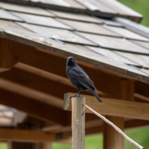 Blackbird perched under roofed platform