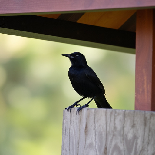 Blackbird perched under roofed platform