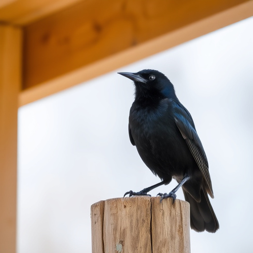Blackbird perched under roofed platform