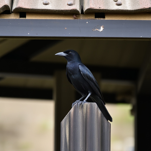 Blackbird perched under roofed platform