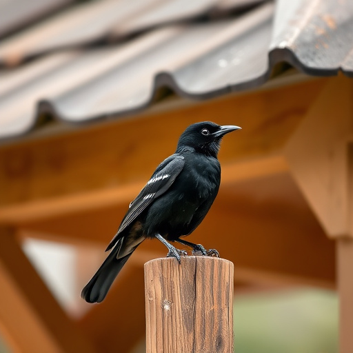 Blackbird perched under roofed platform