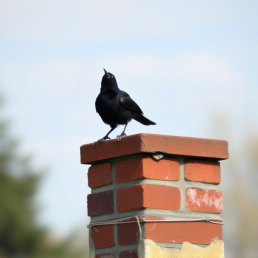 Blackbird singing from rooftop chimney