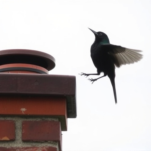 Blackbird singing from rooftop chimney