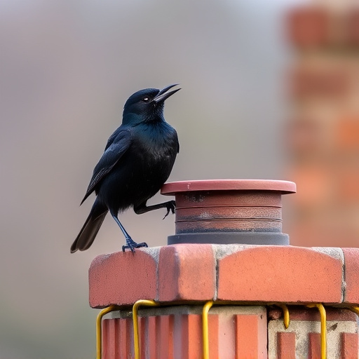Blackbird singing from rooftop chimney