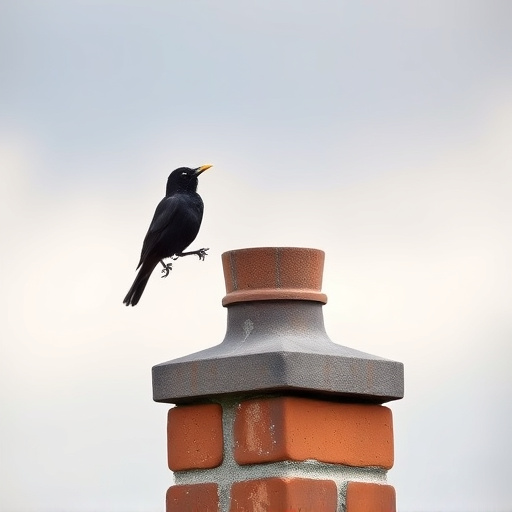 Blackbird singing from rooftop chimney