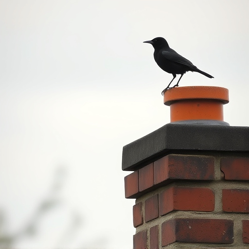 Blackbird singing from rooftop chimney