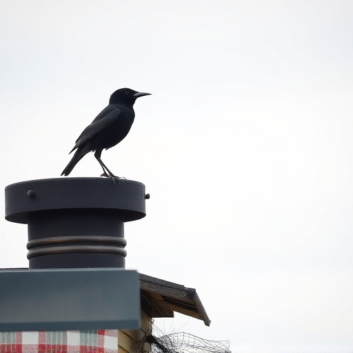 Blackbird singing from rooftop chimney