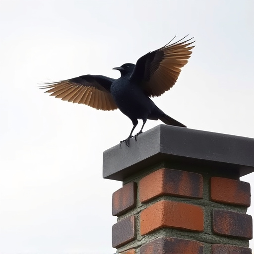 Blackbird singing from rooftop chimney