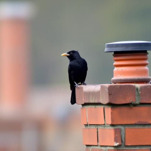 Blackbird singing from rooftop chimney