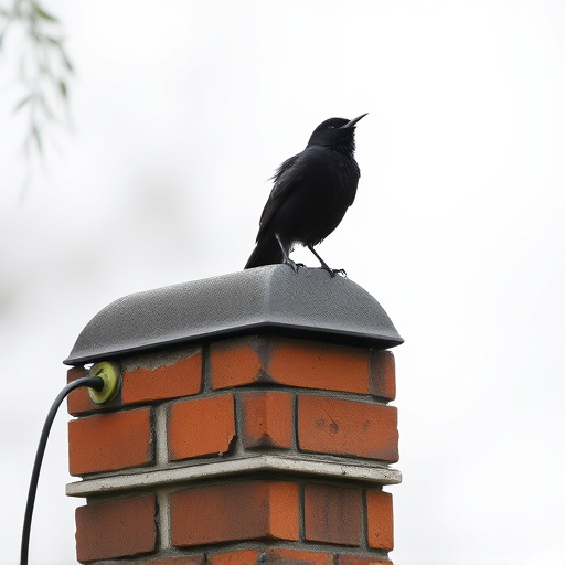 Blackbird singing from rooftop chimney
