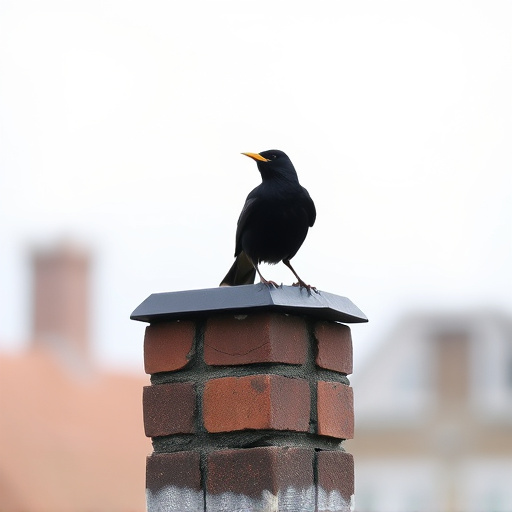 Blackbird singing from rooftop chimney