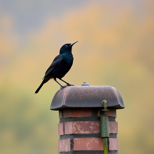 Blackbird singing from rooftop chimney