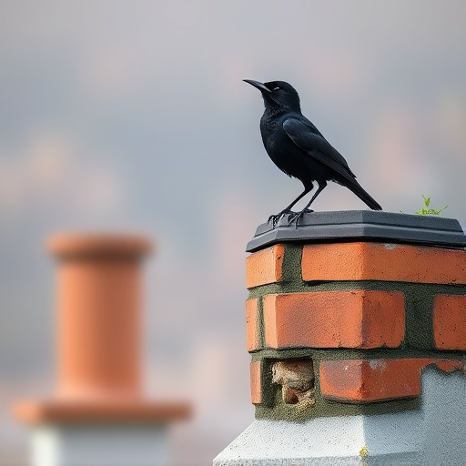 Blackbird singing from rooftop chimney