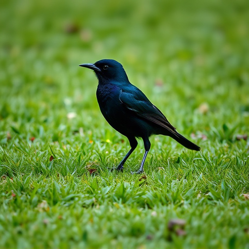 Blackbird standing on lush green lawn