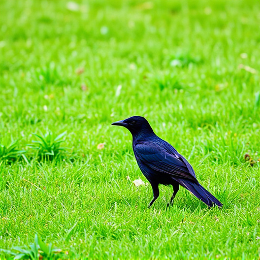 Blackbird standing on lush green lawn
