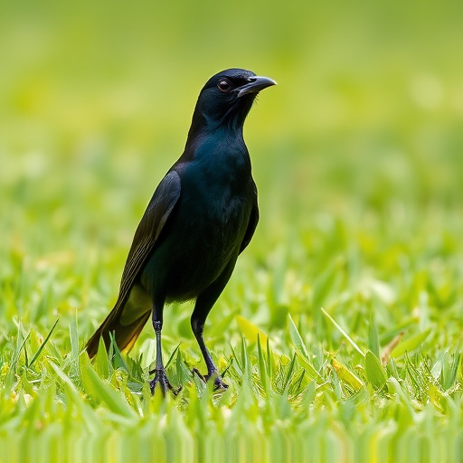 Blackbird standing on lush green lawn