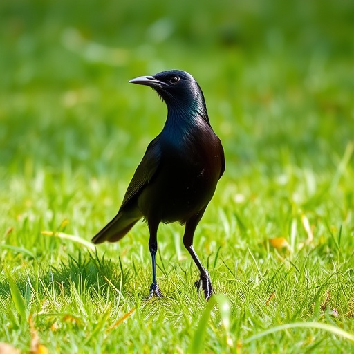 Blackbird standing on lush green lawn