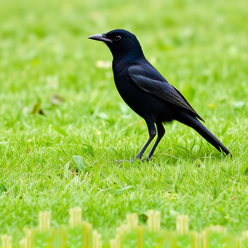 Blackbird standing on lush green lawn