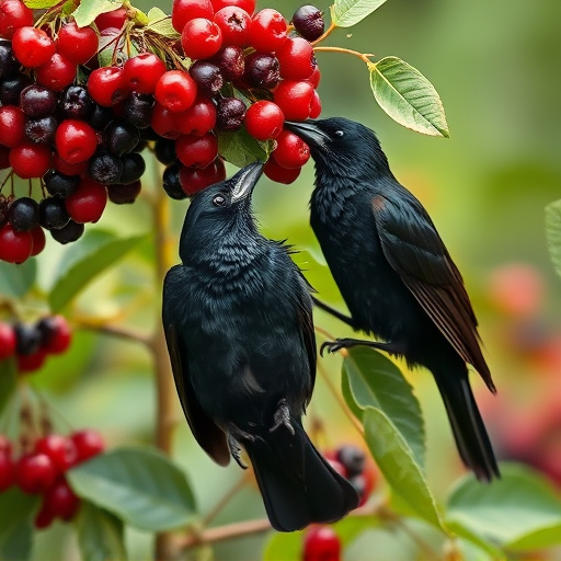 Blackbirds pecking at berries