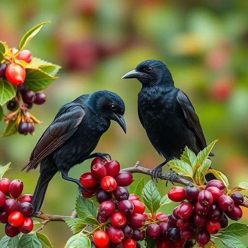 Blackbirds pecking at berries