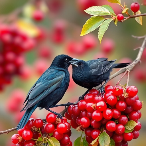 Blackbirds pecking at berries