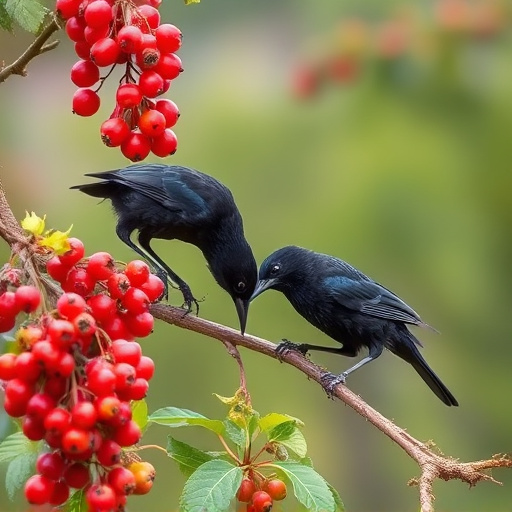 Blackbirds pecking at berries