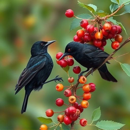 Blackbirds pecking at berries