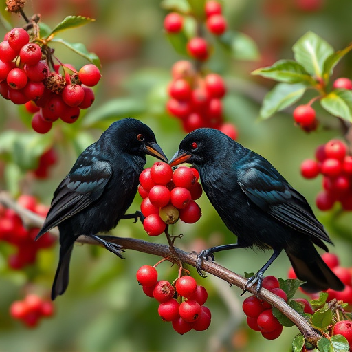 Blackbirds pecking at berries
