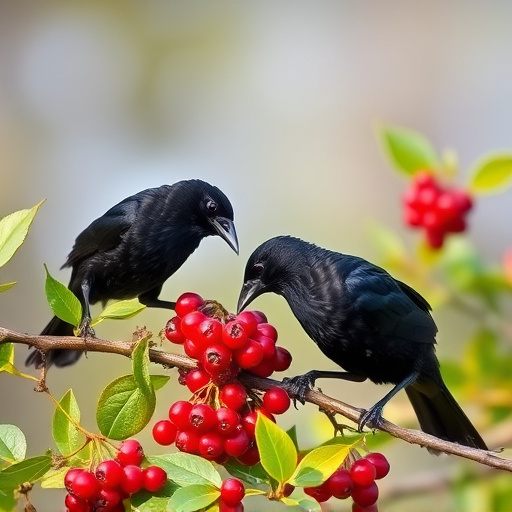 Blackbirds pecking at berries