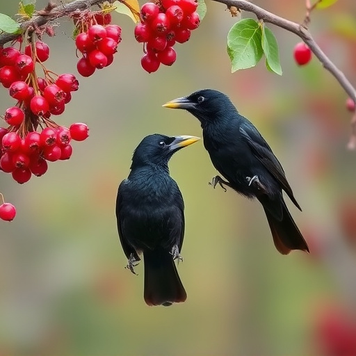 Blackbirds pecking at berries