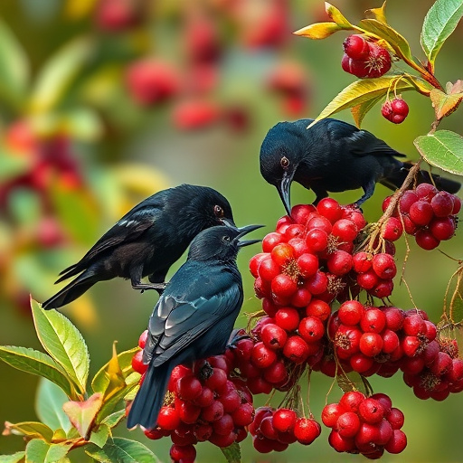 Blackbirds pecking at berries