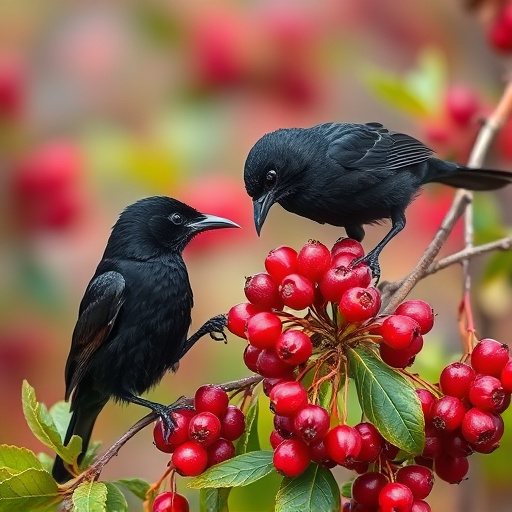 Blackbirds pecking at berries