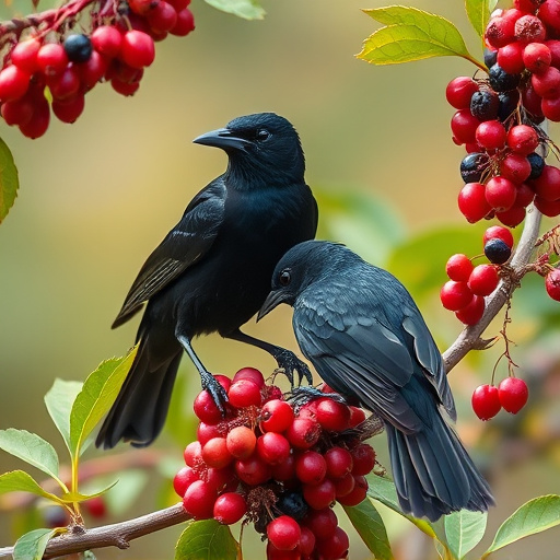 Blackbirds pecking at berries