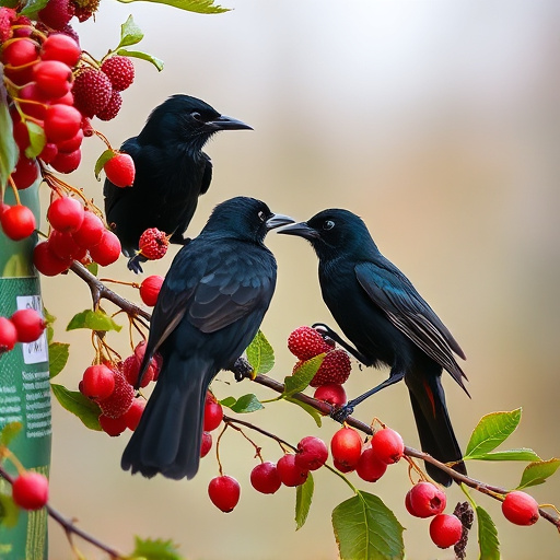 Blackbirds pecking at berries
