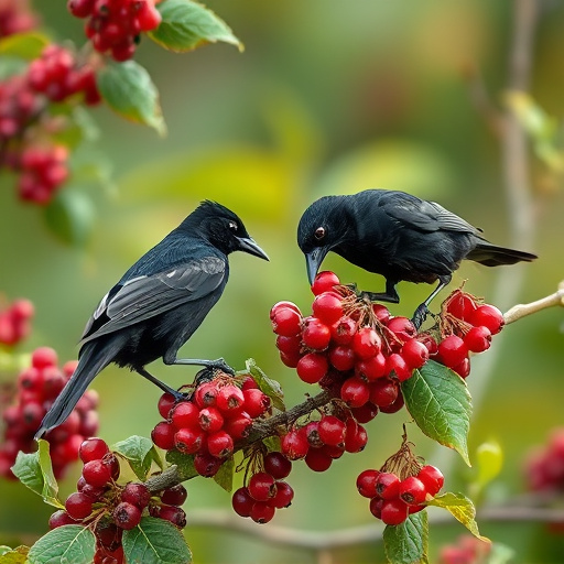 Blackbirds pecking at berries