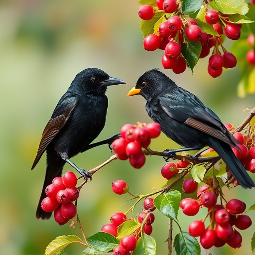 Blackbirds pecking at berries