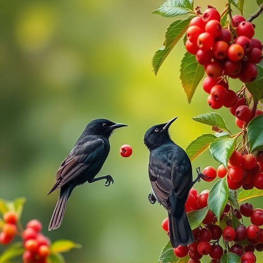 Blackbirds pecking at berries