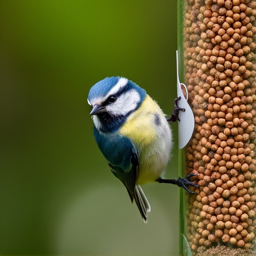 Blue tit clinging to feeder tube