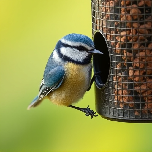 Blue tit clinging to feeder tube