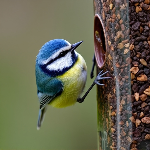 Blue tit clinging to feeder tube